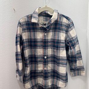 Mini Boden Plaid Button-Down Shirt in Blue, Cream & Orange Trim